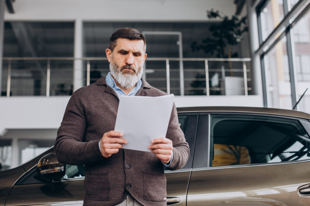 Imagem de um homem de pé em frente a um carro, com expressão tensa enquanto lê os documentos